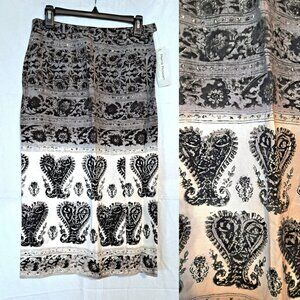 VINTAGE *NWT*  MIDI SKIRT ~ FABULOUS PRINT ~ IVORY GRAY BLACK ~ LINEN RAYON ~ 6P